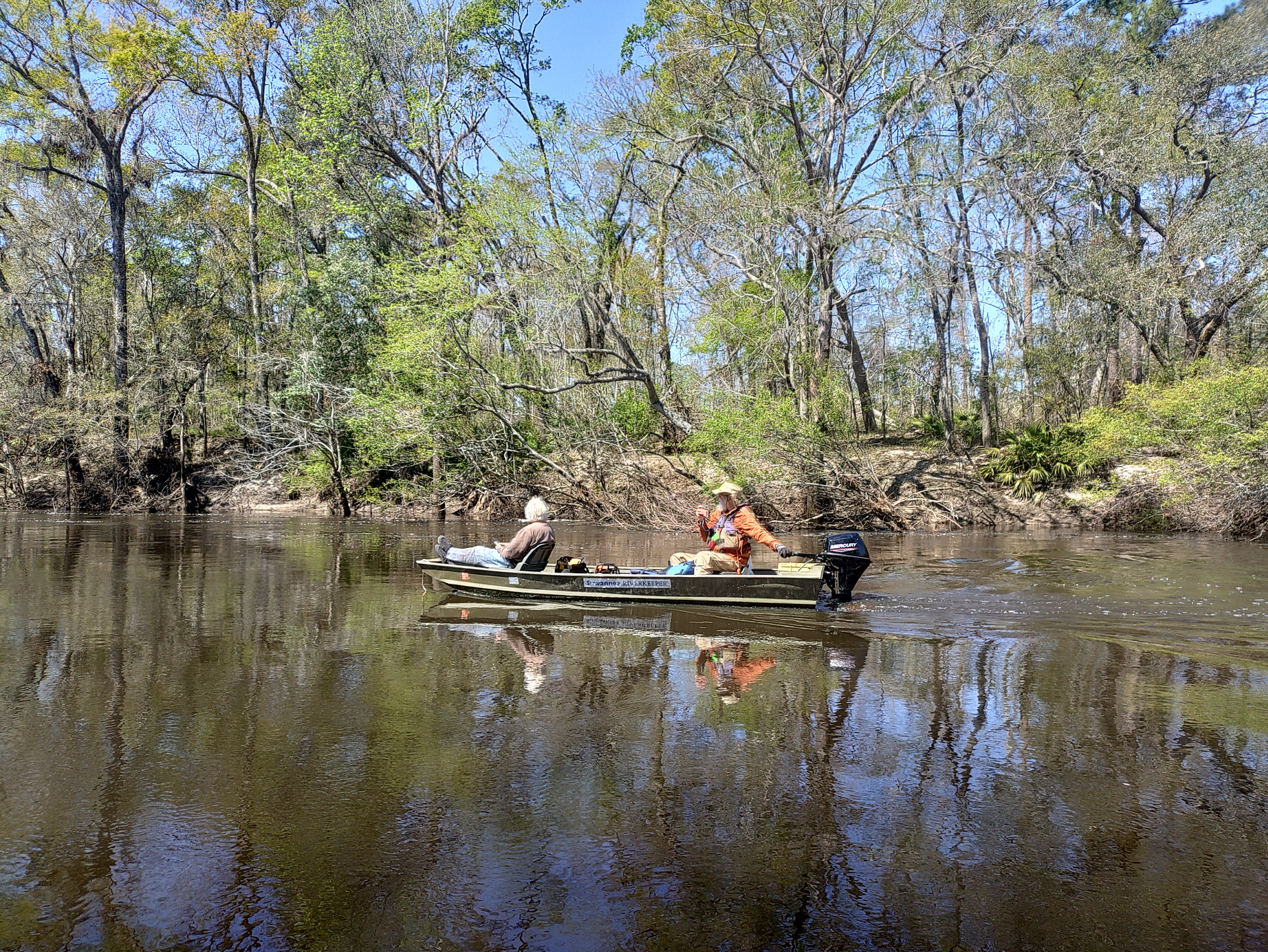 Phil Hubbard and jsq in Suwannee Riverkeeper jon boat and 9.9hp outboard --Phil Royce, 2025:03:22 12:32:06