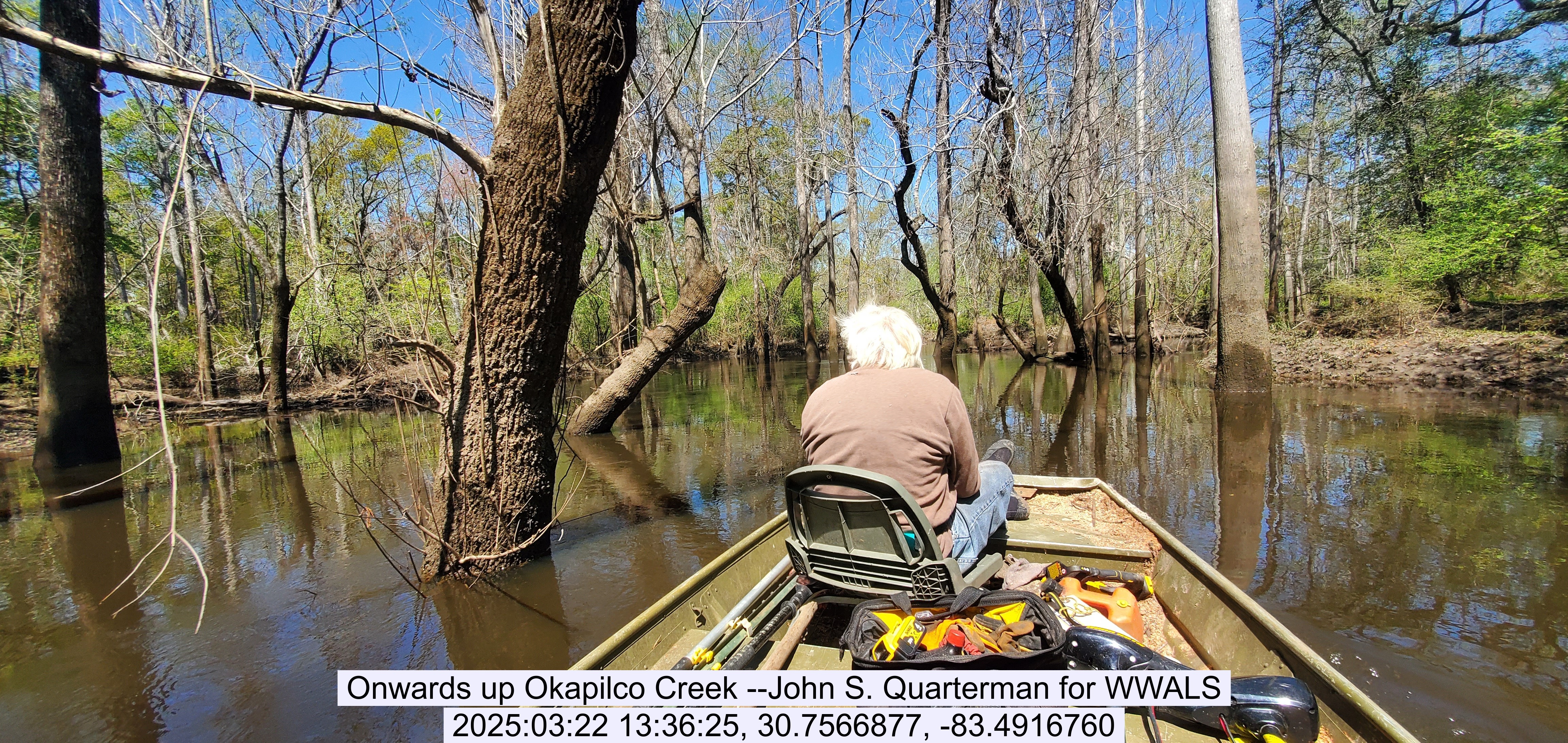 Onwards up Okapilco Creek --John S. Quarterman for WWALS, 2025:03:22 13:36:25, 30.7566877, -83.4916760