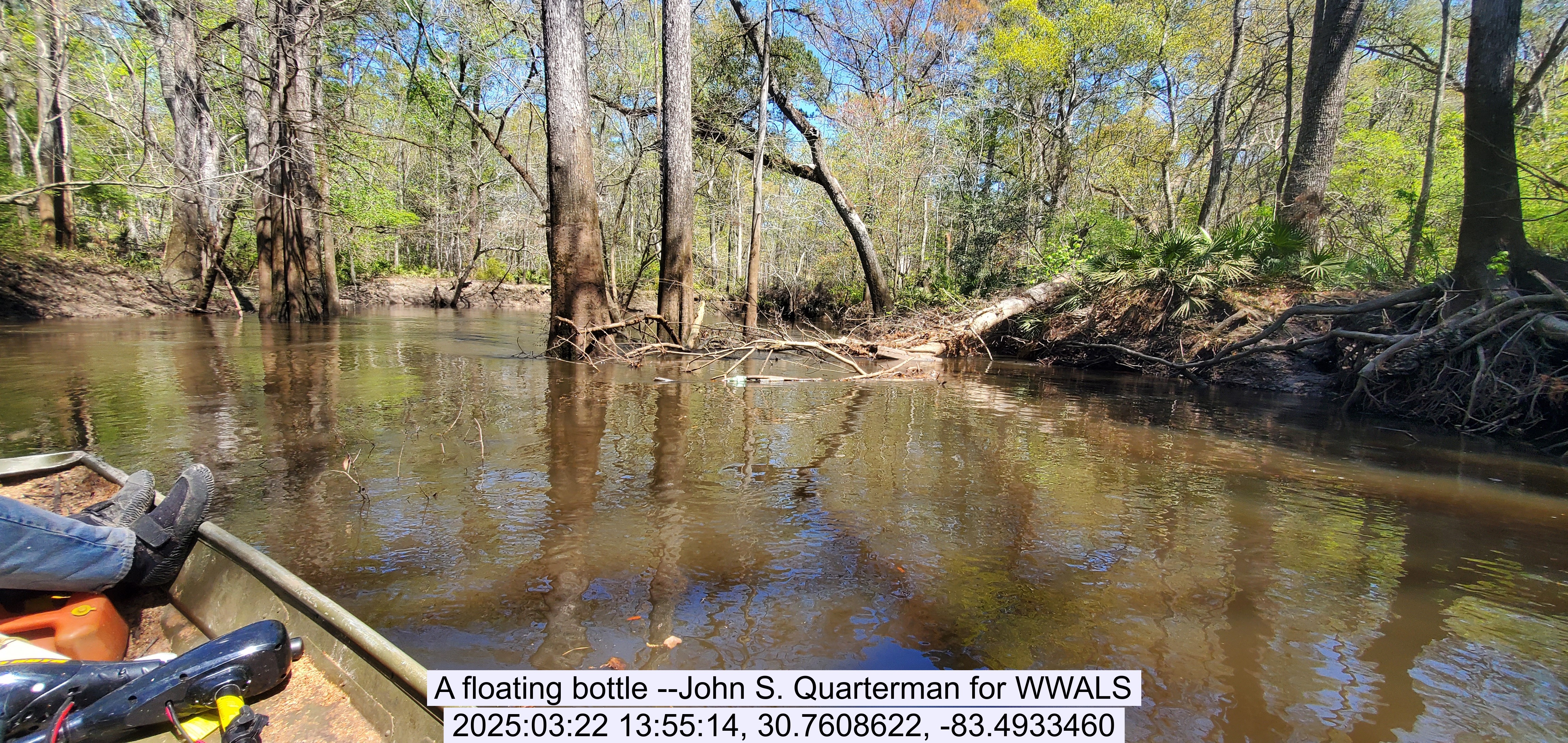 A floating bottle --John S. Quarterman for WWALS, 2025:03:22 13:55:14, 30.7608622, -83.4933460