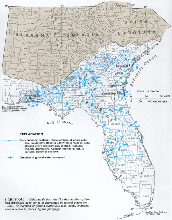 [Figure 60. Map showing potentiometric contours and ground-water movement in the Floridan aquifer system in 1980 (608K), in GROUND WATER ATLAS of the UNITED STATES: Alabama, Florida, Georgia, and South Carolina, HA 730-G, Floridan aquifer system]
