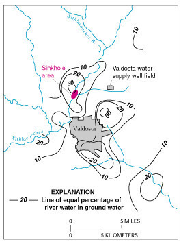 Figure E-1. Estimated percentage of Withlacoochee River water in ground water in the Upper Floridan aquifer June 1991. (Modified from Plummer and others 1998.)