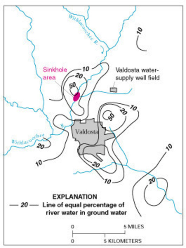 [Figure E-1. Estimated percentage of Withlacoochee River water in ground water in the Upper Floridan aquifer June 1991. (Modified from Plummer and others 1998.)]
