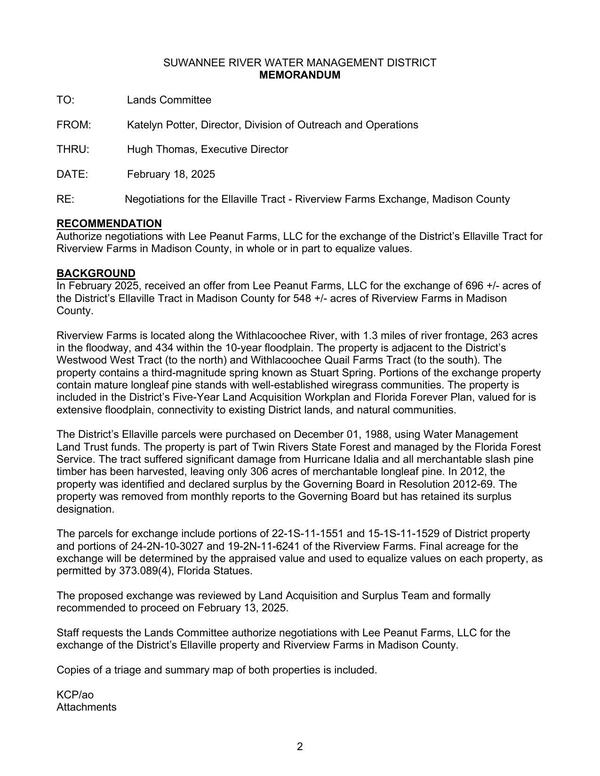 [Authorize negotiations with Lee Peanut Farms, LLC for the exchange of the District's Ellaville Tract for Riverview Farms in Madison County, in whole or in part to equalize values.]