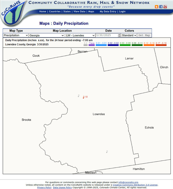[Map: CoCoRaHS Precipitation Lowndes County, GA 2025-03-30]