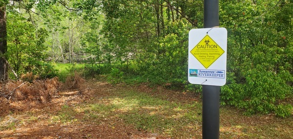 [WWALS Caution Sign on path to Berta's Beach, Sugar Creek, 11:52:06, 30.8614729, -83.3188925]