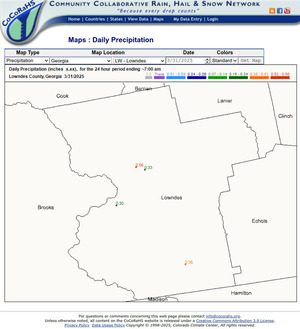 [Map: CoCoRaHS Precipitation Lowndes County, GA 2025-03-31]