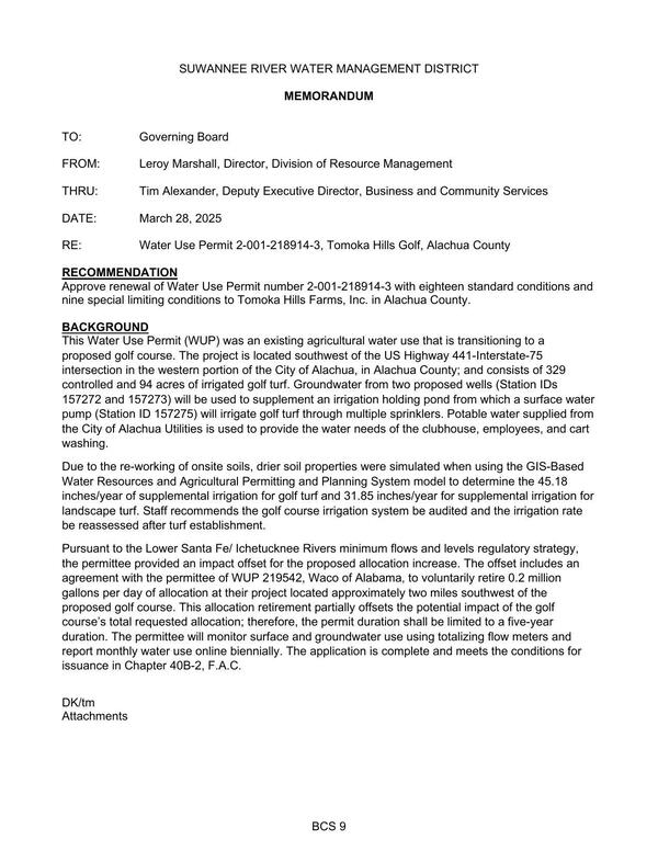 [Groundwater from two proposed wells (Station IDs 157272 and 157273) will be used to supplement an irrigation holding pond from which a surface water pump (Station ID 157275) will irrigate golf turf through multiple sprinklers. Potable water supplied from the City of Alachua Utilities is used to provide the water needs of the clubhouse, employees, and cart washing.]