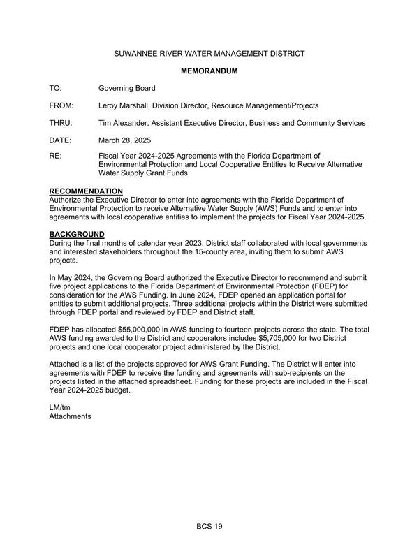 [FDEP has allocated $55,000,000 in AWS funding to fourteen projects across the state. The total AWS funding awarded to the District and cooperators includes $5,705,000 for two District projects and one local cooperator project administered by the District.]