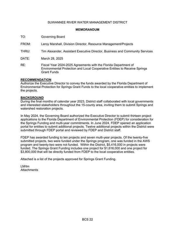 [Within the District, $5,416,000 in projects were funded. The Springs Grant Funding includes one project for $1,616,000 and one project for $3,800,000 that will be directly funded from FDEP to the local cooperative entities.]