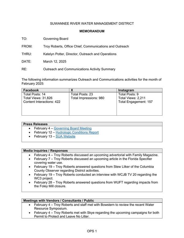 [Facebook, X, Instagram, Press Releases, Media Inquiry/Responses, Meetings with Vendors/Consultants/Public]