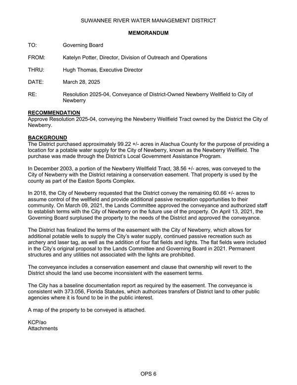 [In 2018, the City of Newberry requested that the District convey the remaining 60.66 +/- acres to assume control of the wellfield and provide additional passive recreation opportunities to their community.]