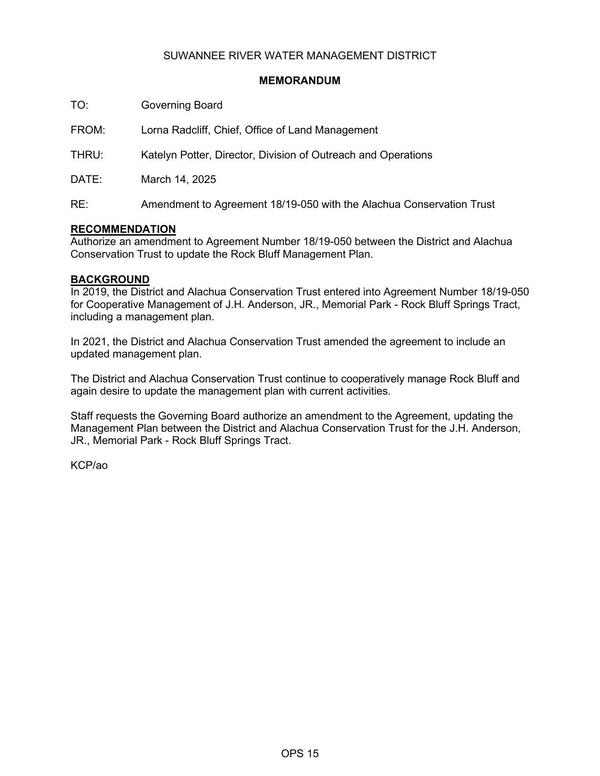 [Authorize an amendment to Agreement Number 18/19-050 between the District and Alachua Conservation Trust to update the Rock Bluff Management Plan.]