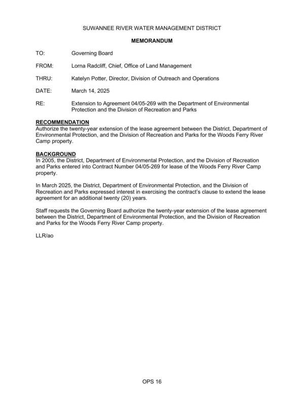 [Authorize the twenty-year extension of the lease agreement between the District, Department of Environmental Protection, and the Division of Recreation and Parks for the Woods Ferry River Camp property.]