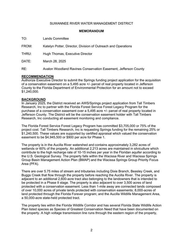 [Authorize Executive Director to submit the Springs funding project application for the acquisition of a conservation easement on a 5,495 acre +/- parcel of real property located in Jefferson County to the Florida Department of Environmental Protection for an amount not to exceed $1,240,000.]