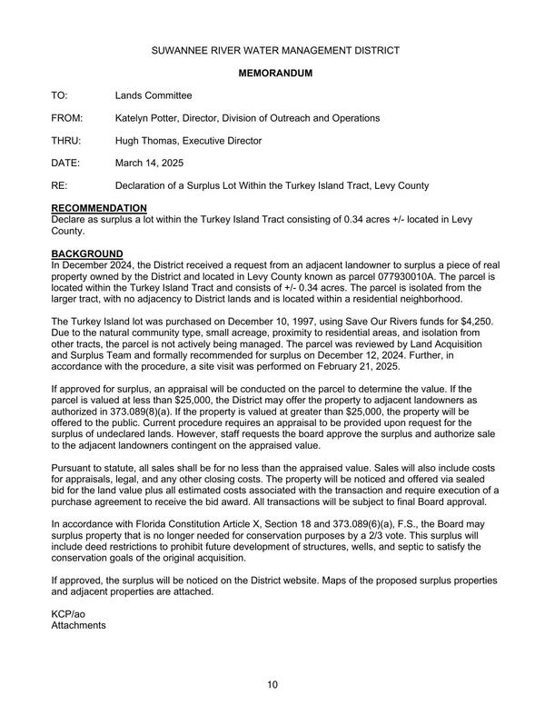 [Declare as surplus a lot within the Turkey Island Tract consisting of 0.34 acres +/- located in Levy County....]