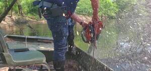 [Movie: Chainsaw plume of river water (it's cold), 17:21:03, 30.8458221, -83.3472014 (92M)]