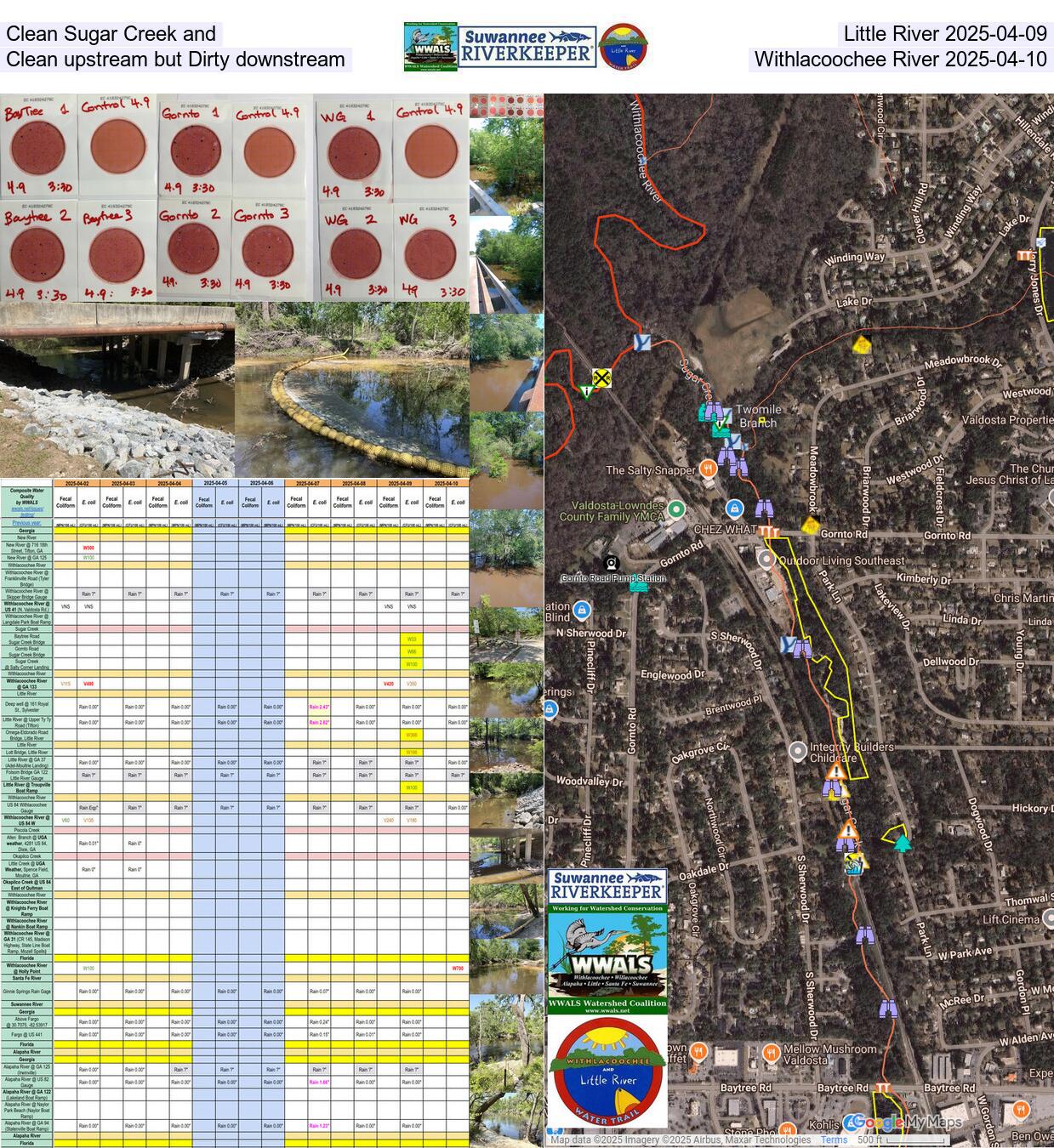 [Clean Sugar Creek and Little River 2025-04-09, Clean upstream but Dirty downstream Withlacoochee River 2025-04-10]