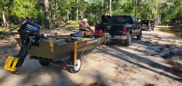 [Suwannee Riverkeeper jon boat, 9.9 hp outboard, 24-inch Husqvarna chainsaw, 09:15:41, 30.8868202, -83.3232139]