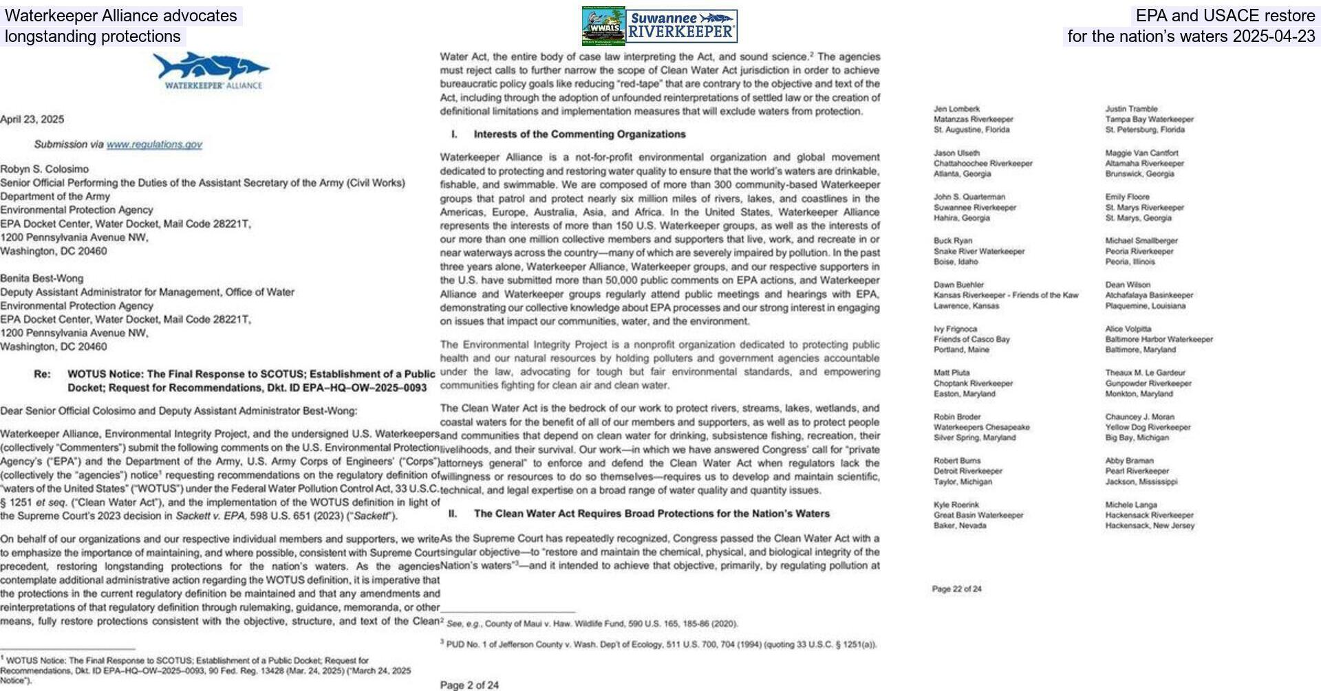 Waterkeeper Alliance advocates EPA and USACE restore longstanding protections for the nation’s waters 2025-04-23