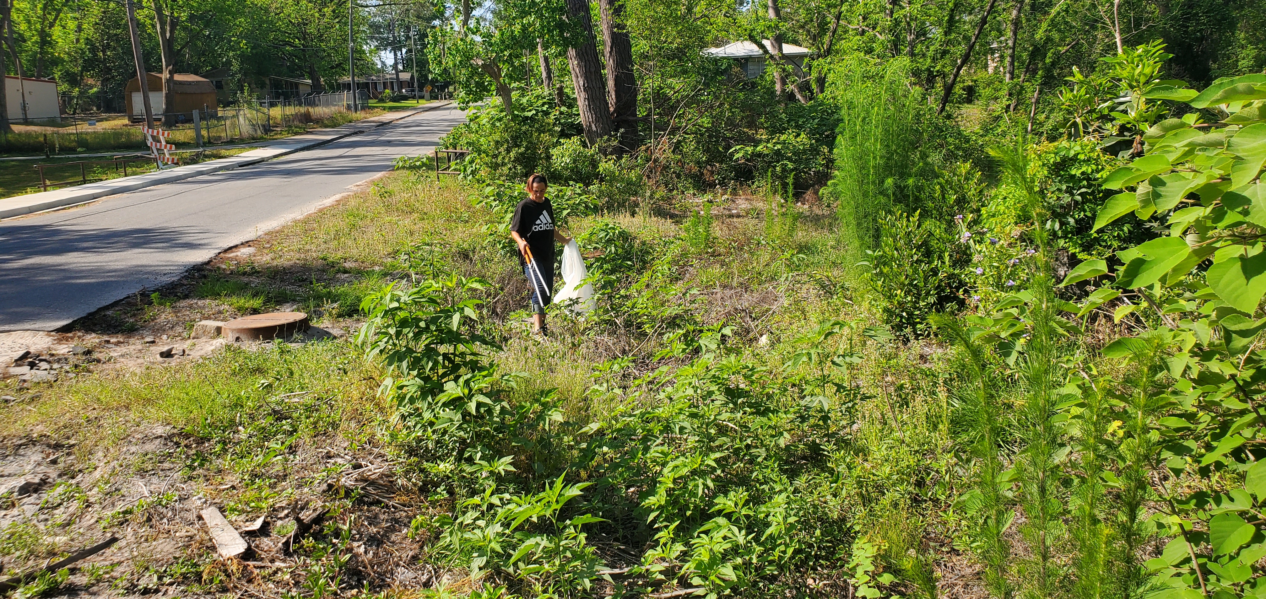 Picking up trash near a Wainwright Drive manhole, 10:04:43, 30.8431611, -83.3012148