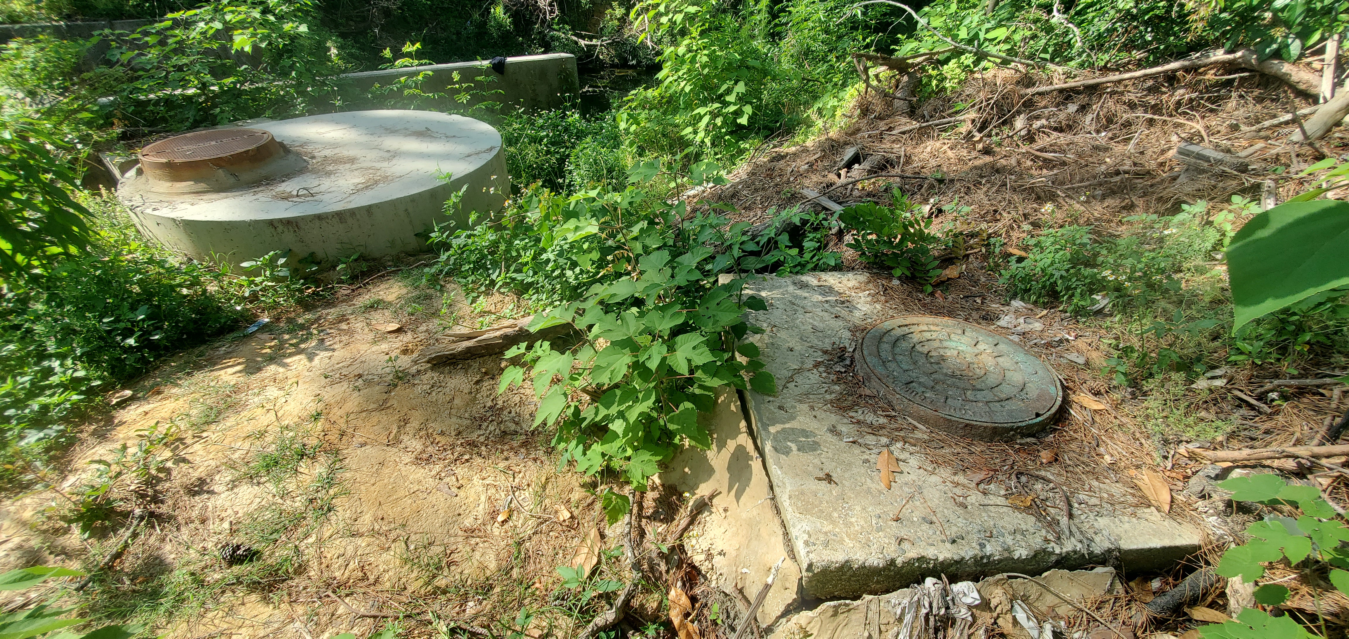 Old and new manholes by One Mile Branch, 10:16:22, 30.8428924, -83.3016049