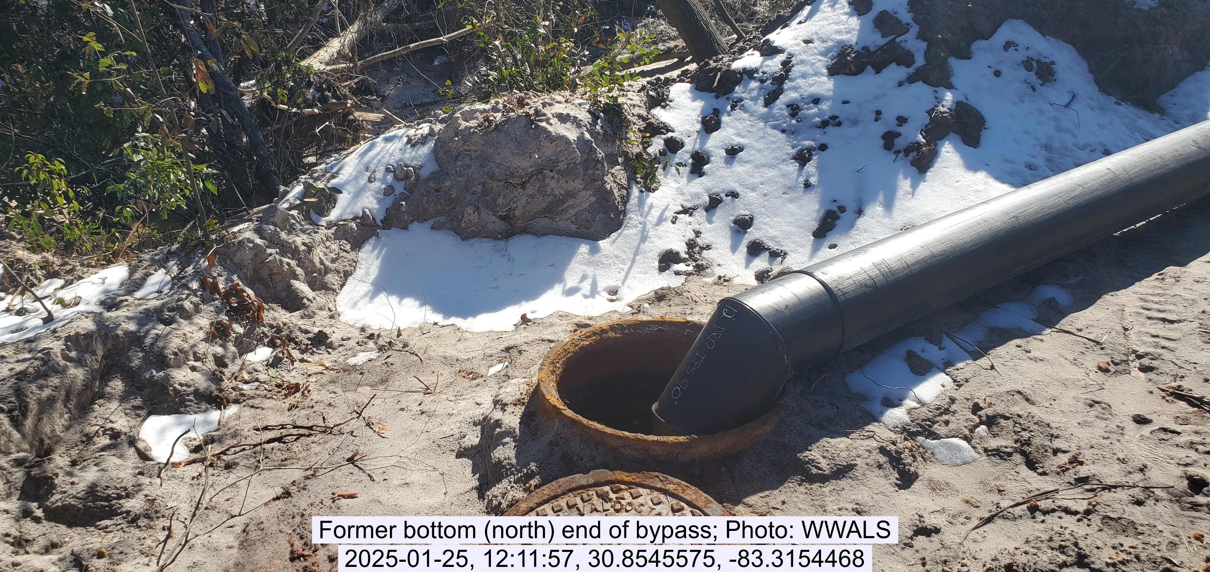 Former bottom (north) end of bypass, 2025-01-25, 12:11:57, 30.8545575, -83.3154468