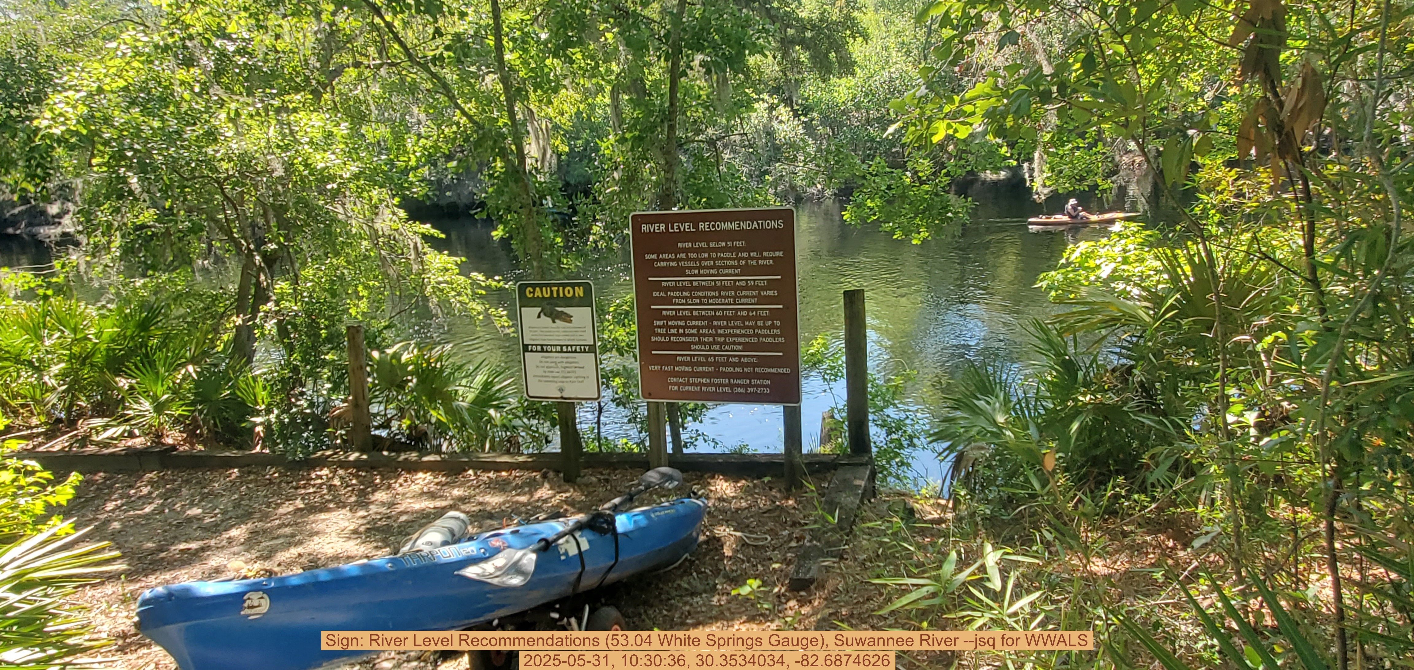 Sign: River Level Recommendations (53.04 White Springs Gauge), Suwannee River --jsq for WWALS, 2025-05-31, 10:30:36, 30.3534034, -82.6874626