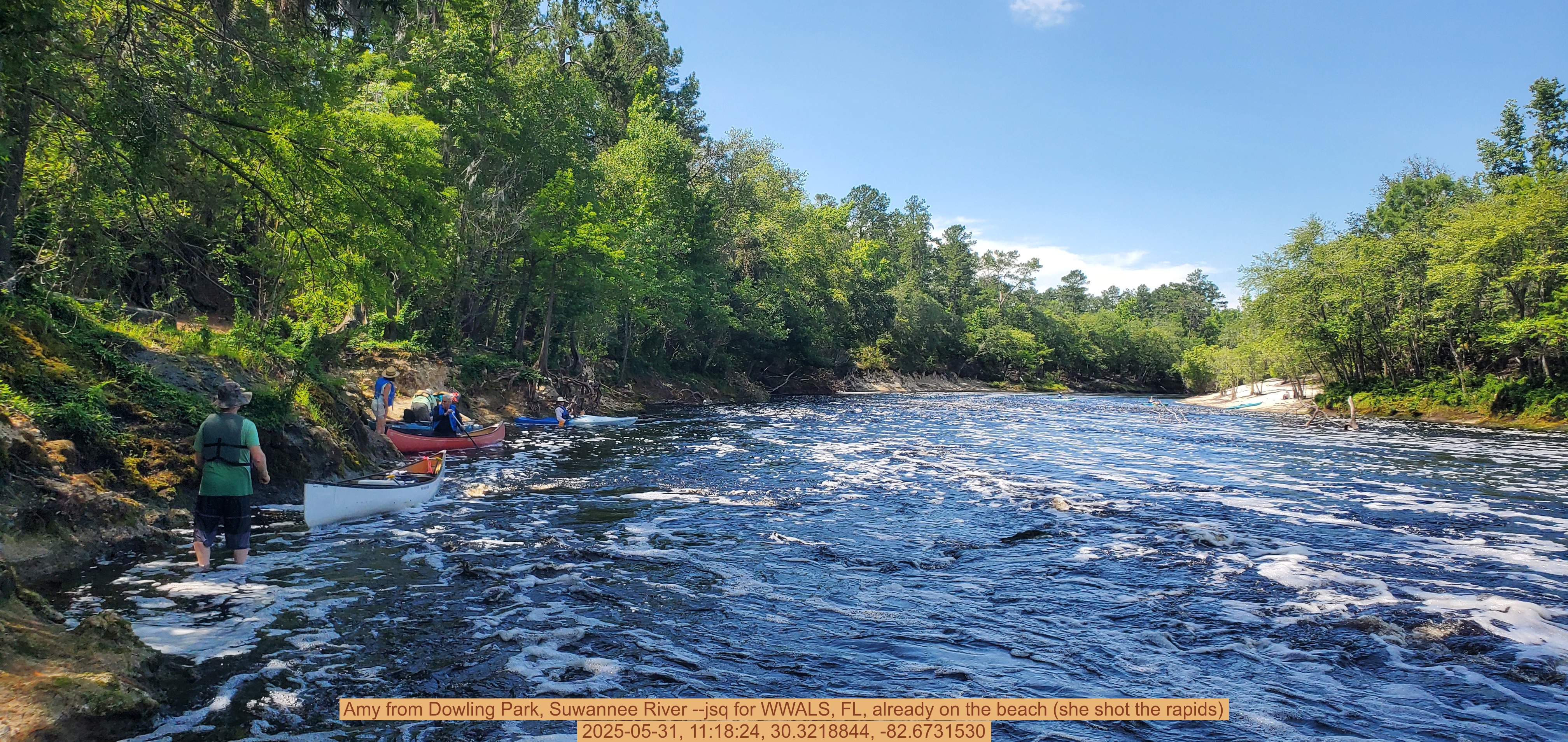 Amy from Dowling Park, Suwannee River --jsq for WWALS, FL, already on the beach (she shot the rapids), 2025-05-31, 11:18:24, 30.3218844, -82.6731530