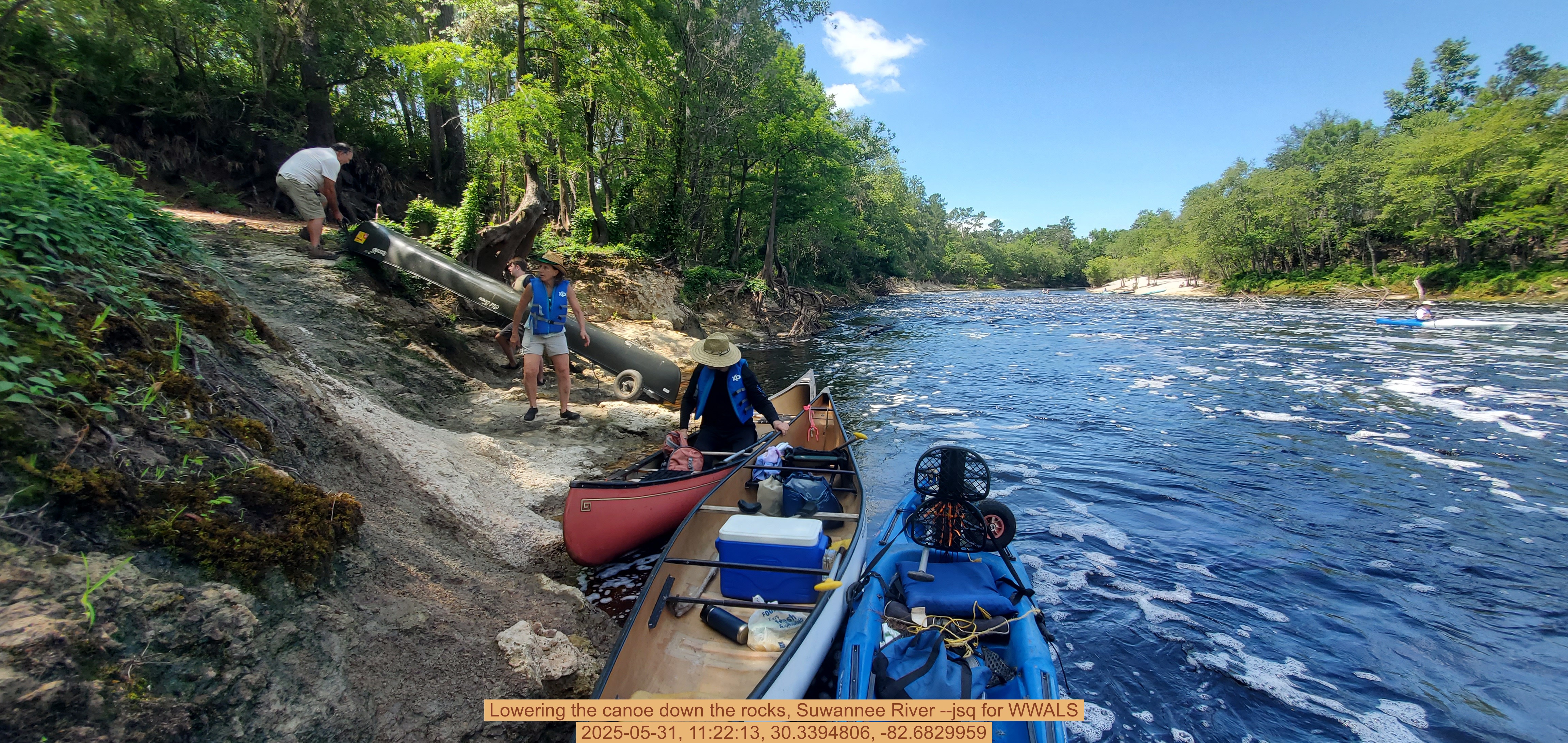Lowering the canoe down the rocks, Suwannee River --jsq for WWALS, 2025-05-31, 11:22:13, 30.3394806, -82.6829959