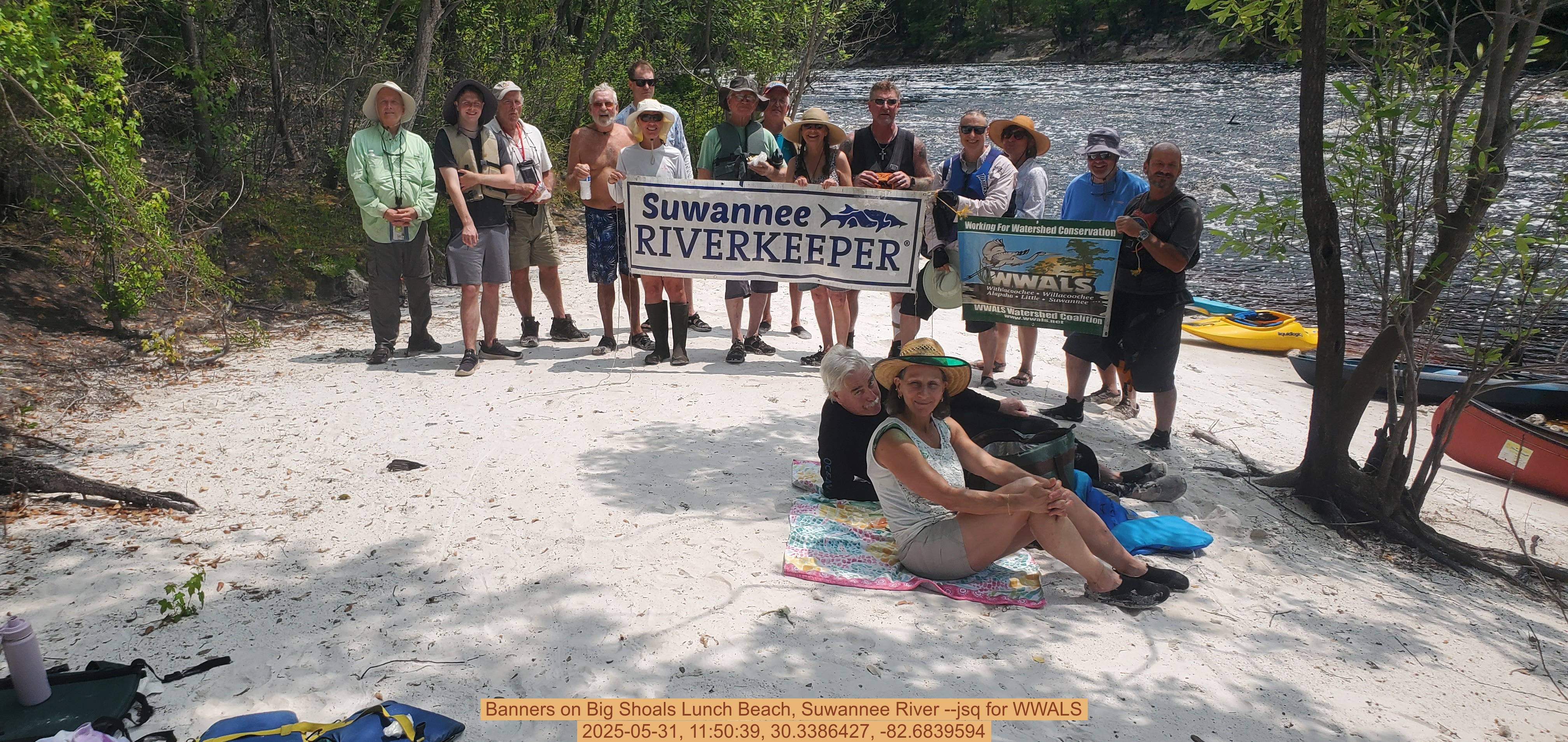 Banners on Big Shoals Lunch Beach, Suwannee River --jsq for WWALS, 2025-05-31, 11:50:39, 30.3386427, -82.6839594