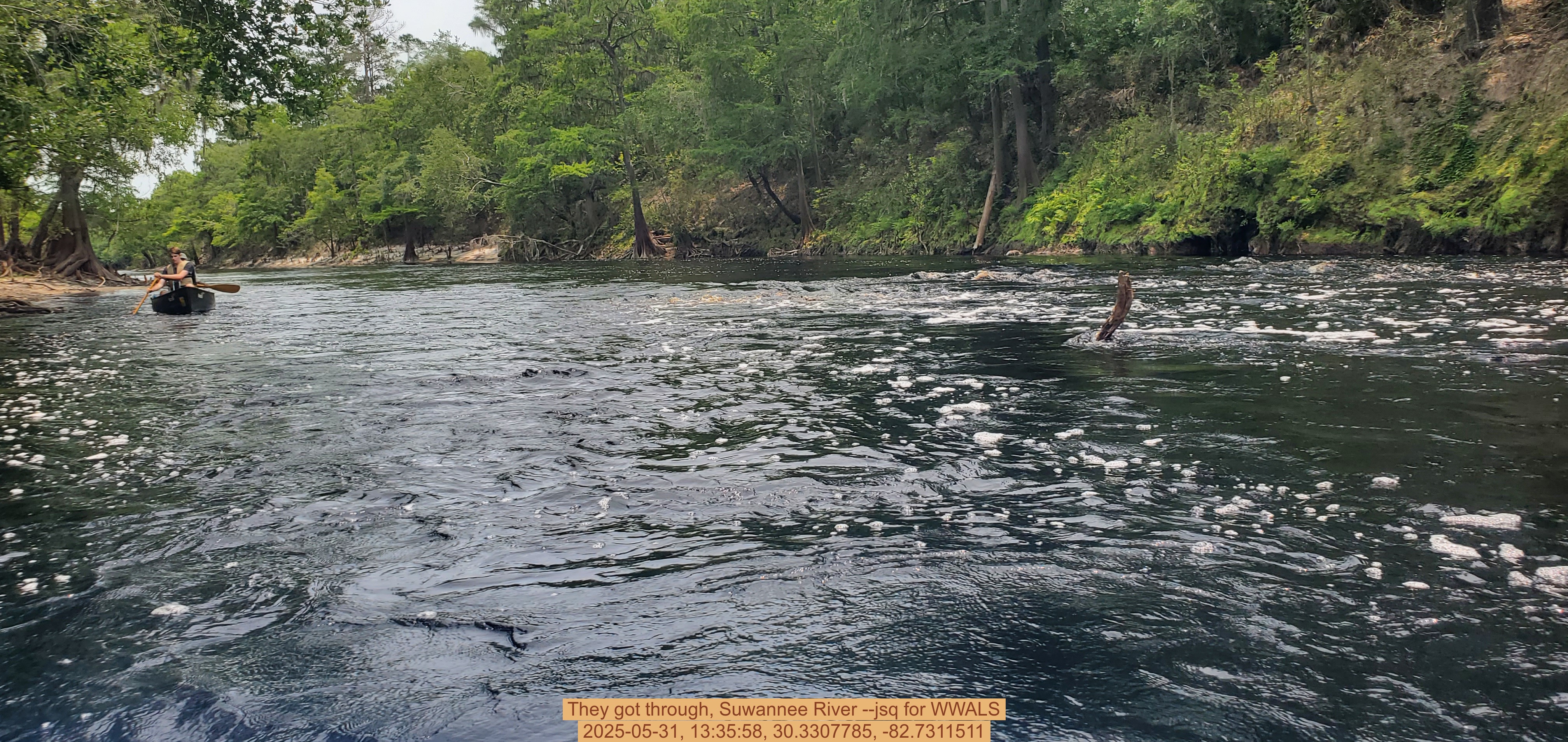 They got through, Suwannee River --jsq for WWALS, 2025-05-31, 13:35:58, 30.3307785, -82.7311511