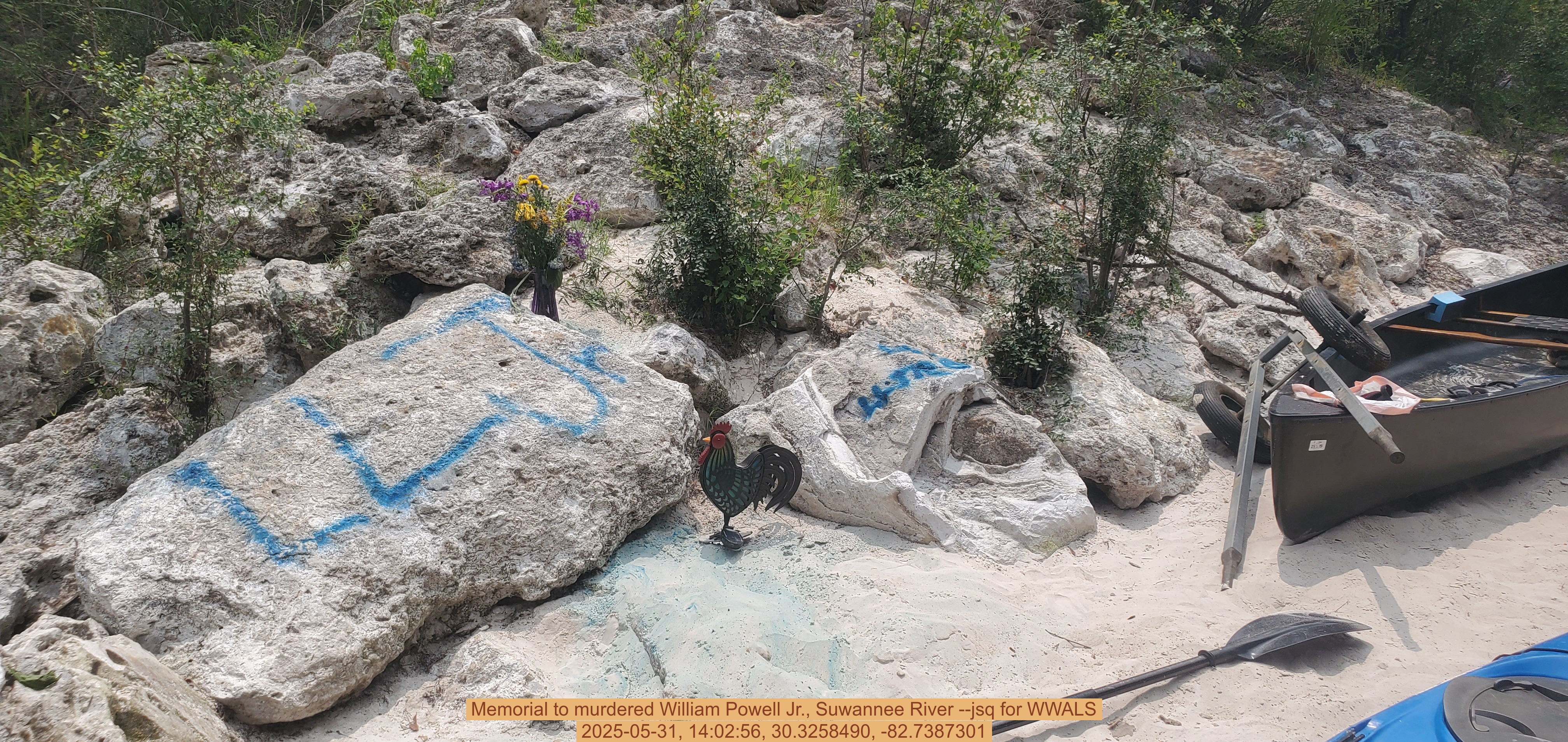 Memorial to murdered William Powell Jr., Suwannee River --jsq for WWALS, 2025-05-31, 14:02:56, 30.3258490, -82.7387301