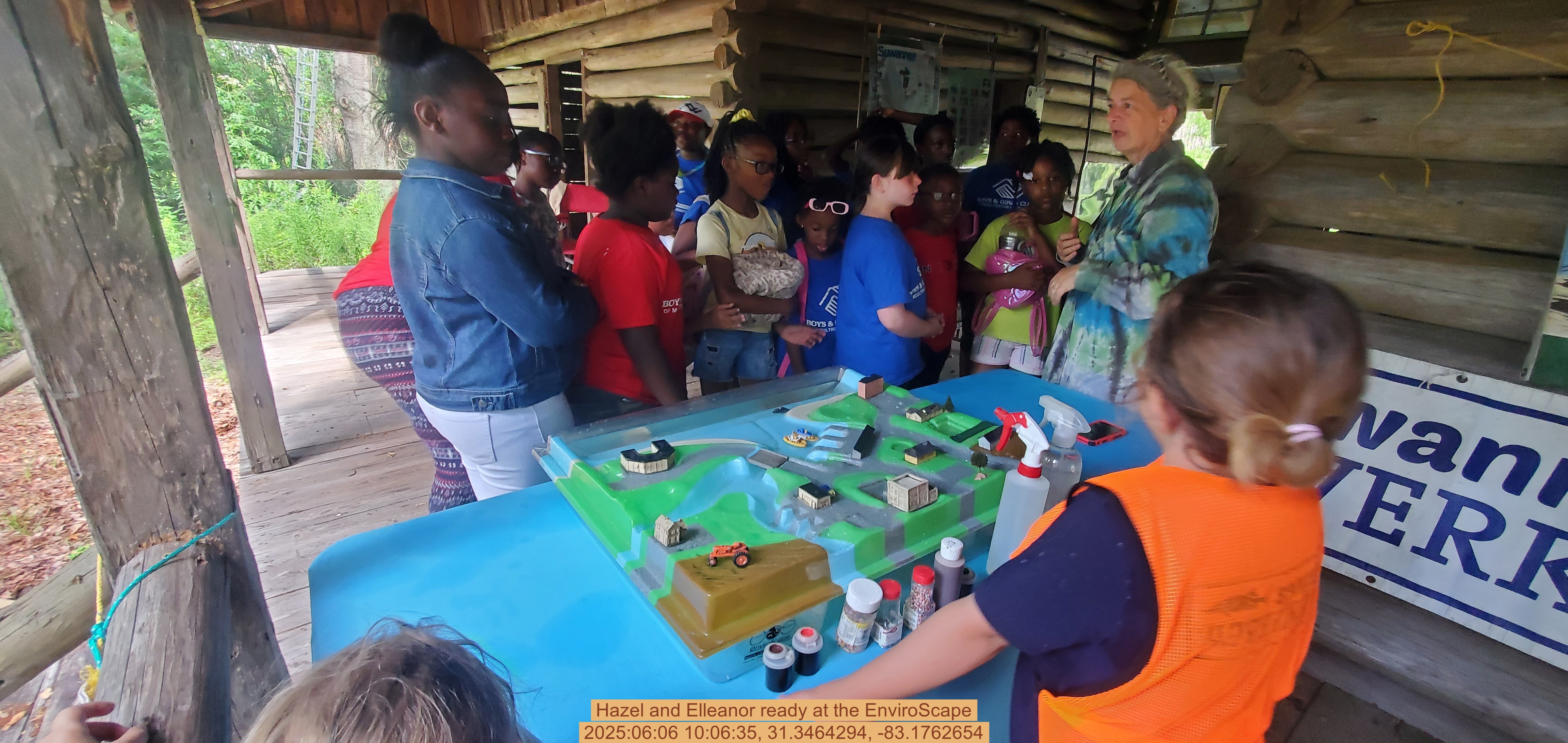 Hazel and Elleanor ready at the EnviroScape, 2025:06:06 10:06:35, 31.3464294, -83.1762654