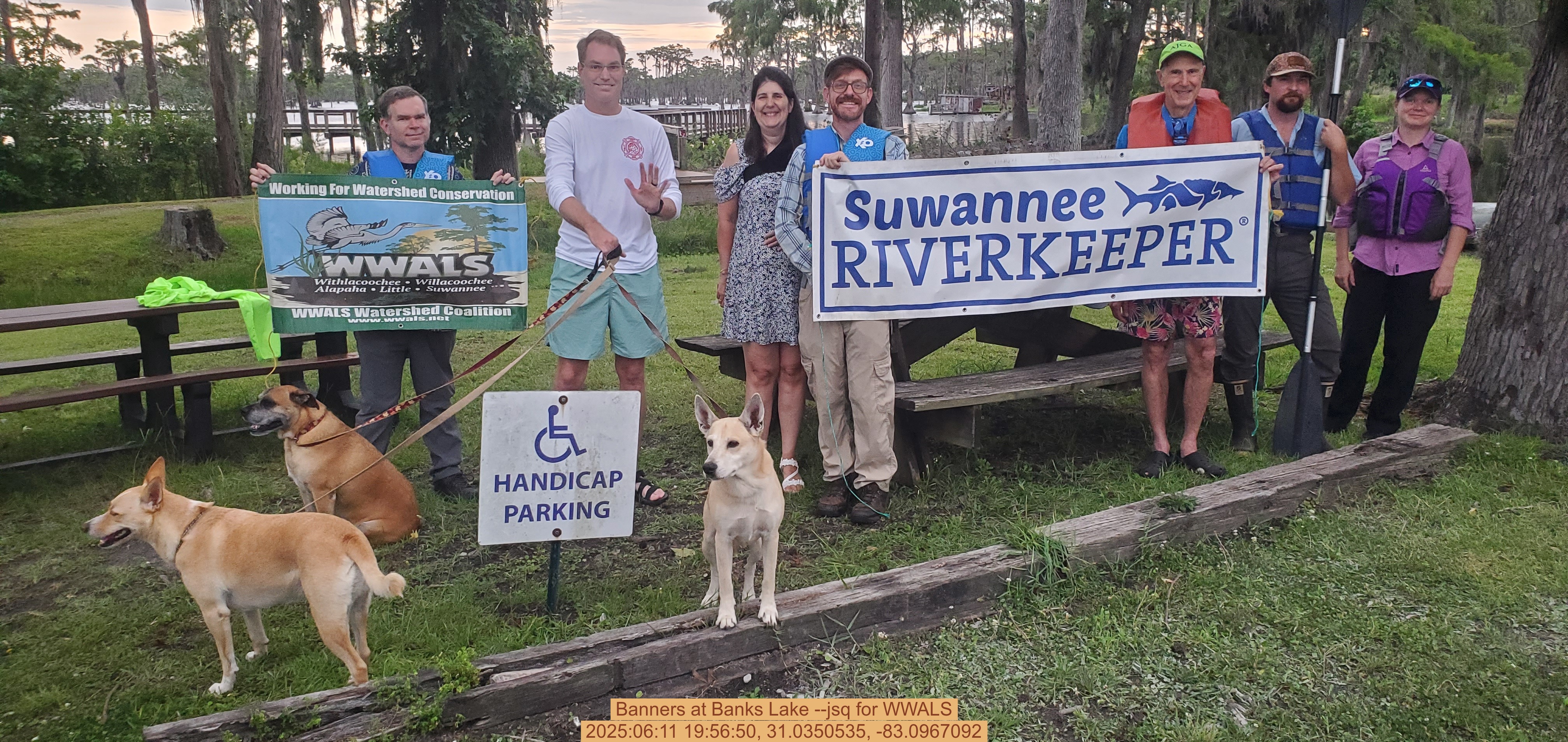 Banners at Banks Lake --jsq for WWALS, 2025:06:11 19:56:50, 31.0350535, -83.0967092