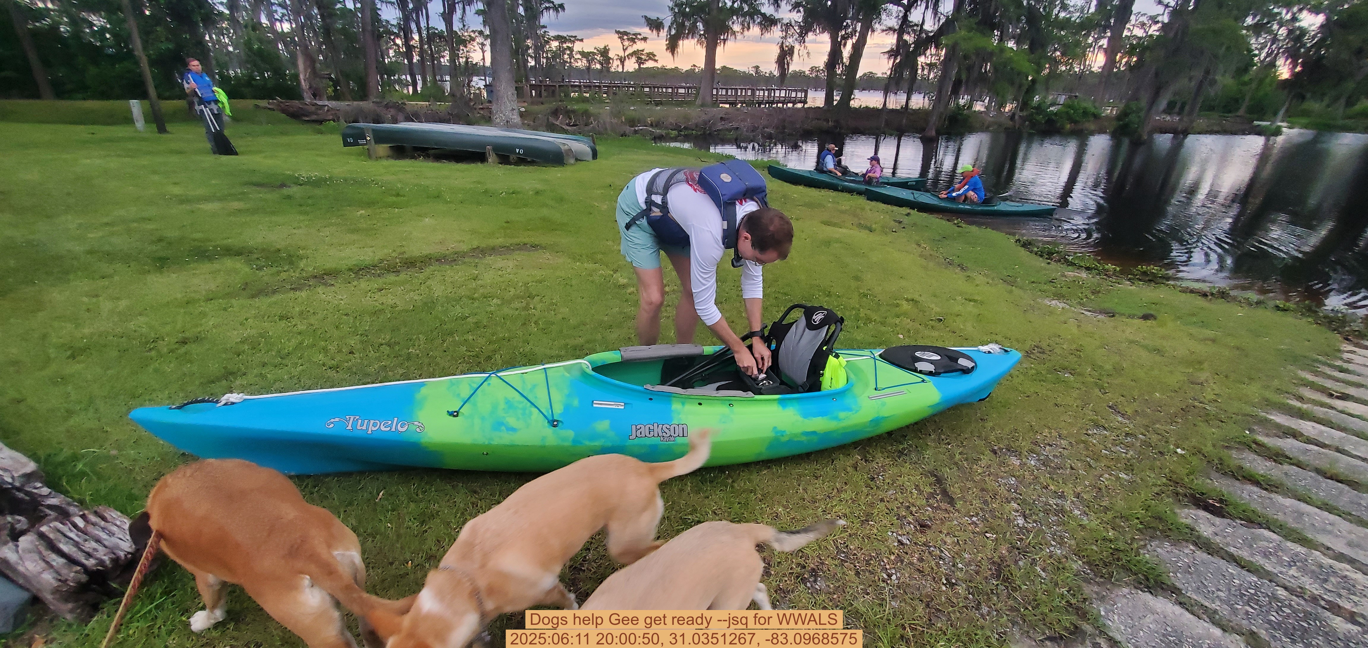 Dogs help Gee get ready --jsq for WWALS, 2025:06:11 20:00:50, 31.0351267, -83.0968575
