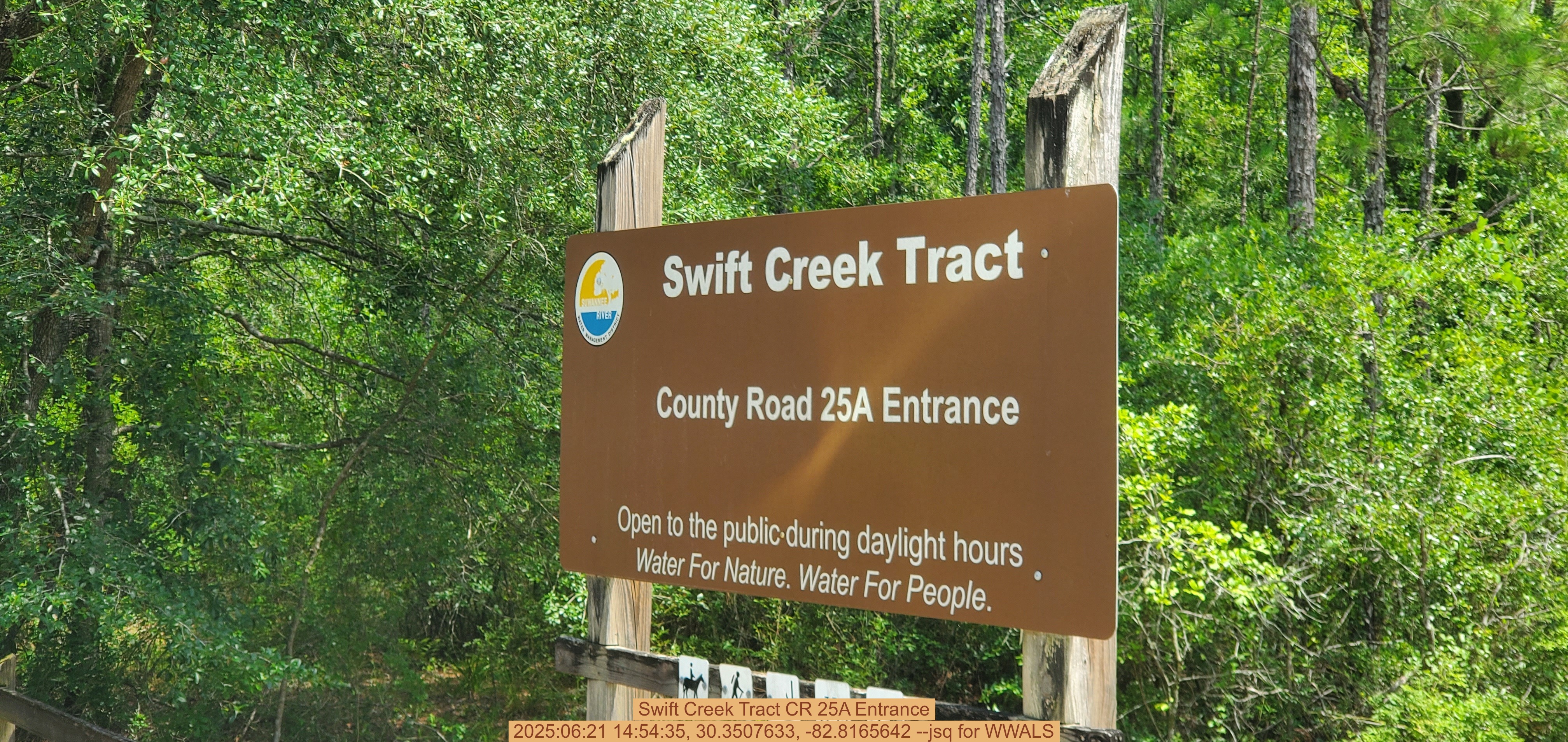 Swift Creek Tract CR 25A Entrance, 2025:06:21 14:54:35, 30.3507633, -82.8165642 --jsq for WWALS