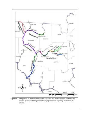 [Figure 1. The portion of the Suwannee, Santa Fe, New, and Withlacoochee North Rivers utilized by the Gulf Sturgeon and oval pigtoe mussel requiring alternative DO criteria.]