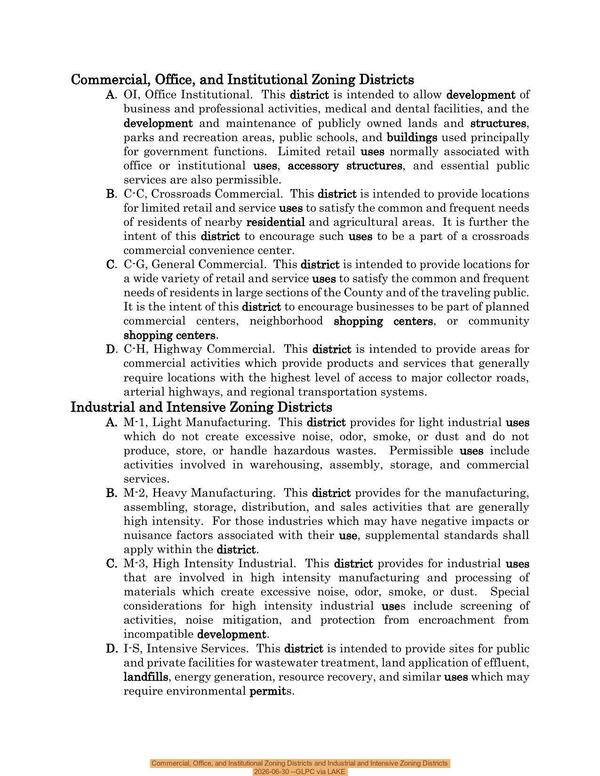 Commercial, Office, and Institutional Zoning Districts and Industrial and Intensive Zoning Districts, 2026-06-30 --GLPC via LAKE