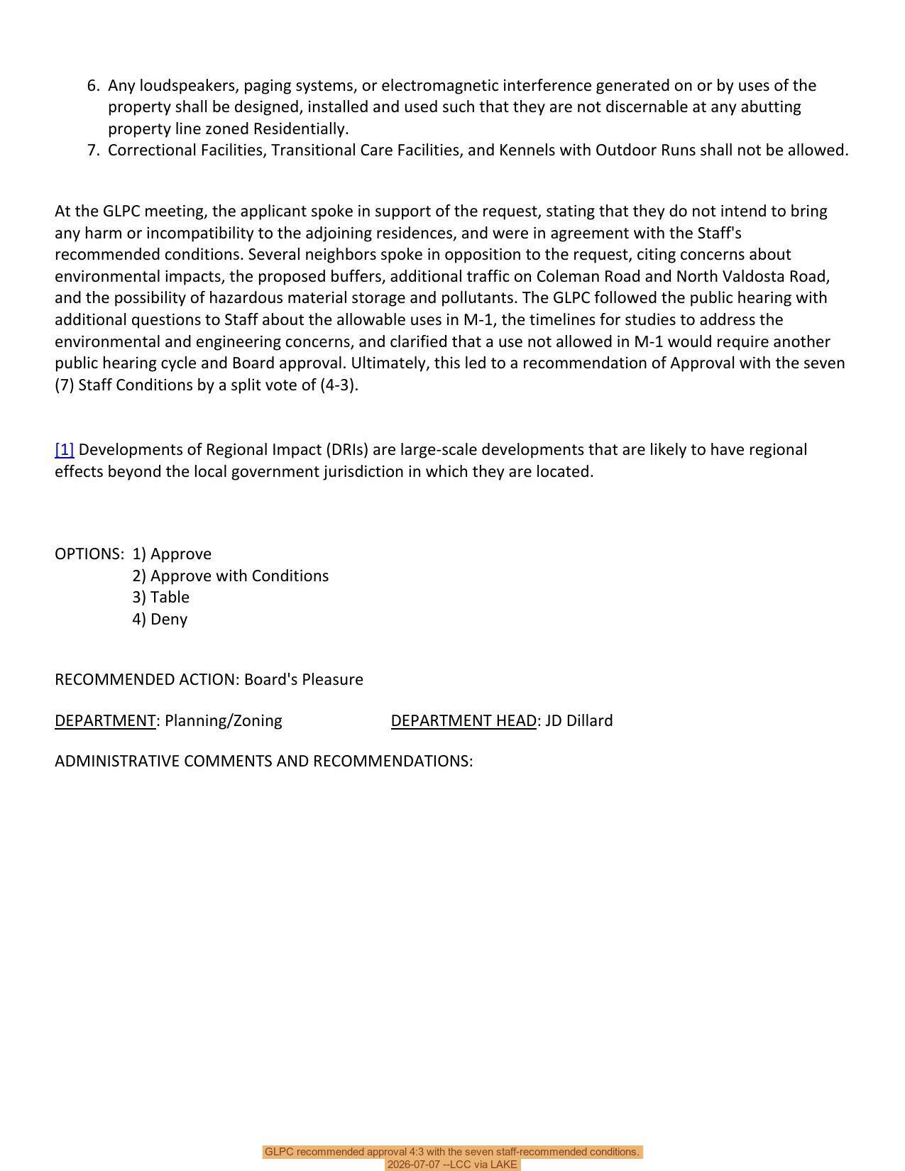 GLPC recommended approval 4:3 with the seven staff-recommended conditions. 2026-07-07 --LCC via LAKE