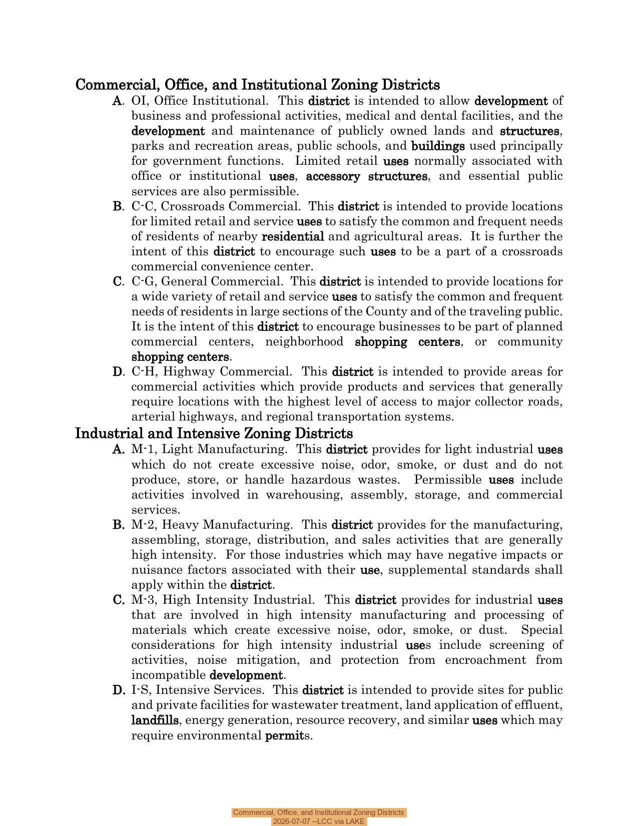 Commercial, Office, and Institutional Zoning Districts 2026-07-07 --LCC via LAKE