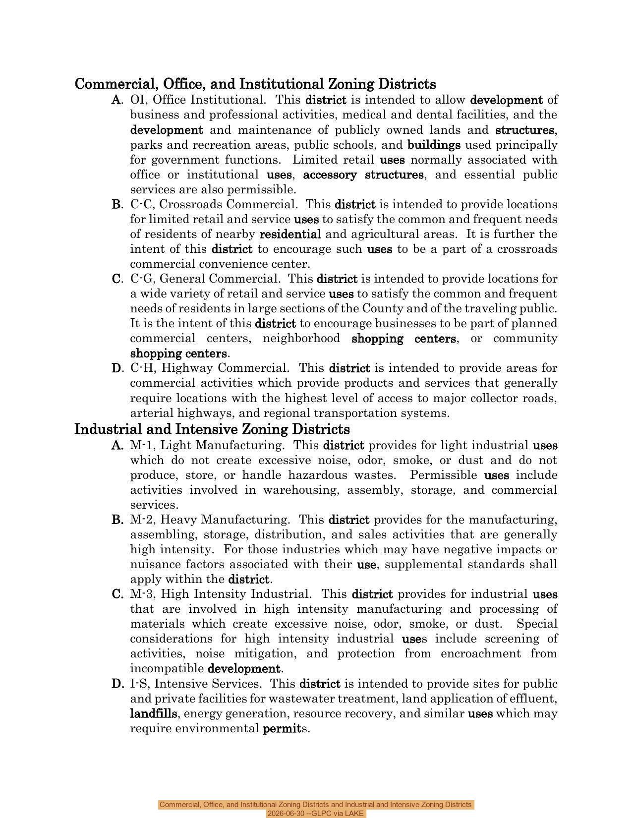 Commercial, Office, and Institutional Zoning Districts and Industrial and Intensive Zoning Districts, 2026-06-30 --GLPC via LAKE