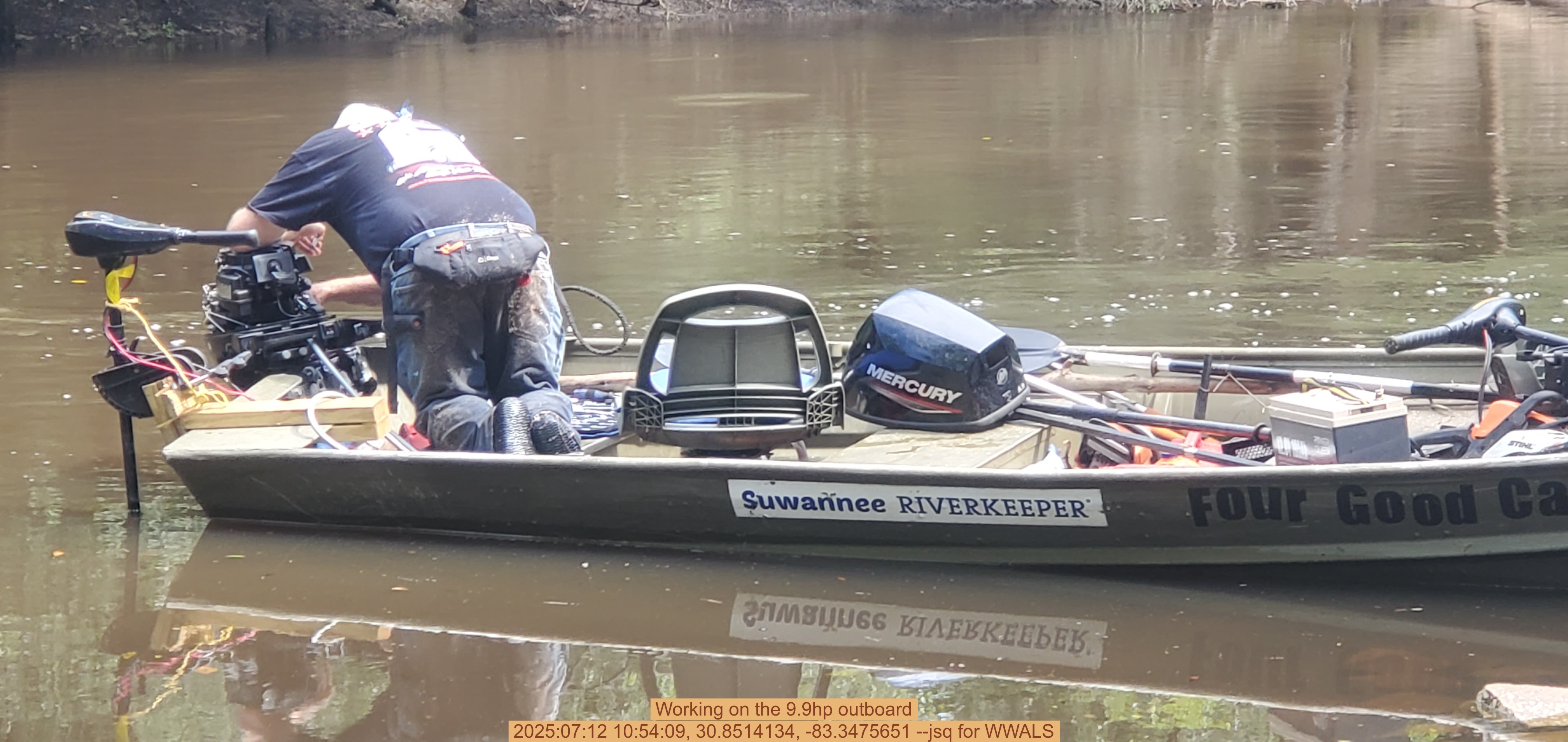 Working on the 9.9hp outboard, 2025:07:12 10:54:09, 30.8514134, -83.3475651 --jsq for WWALS