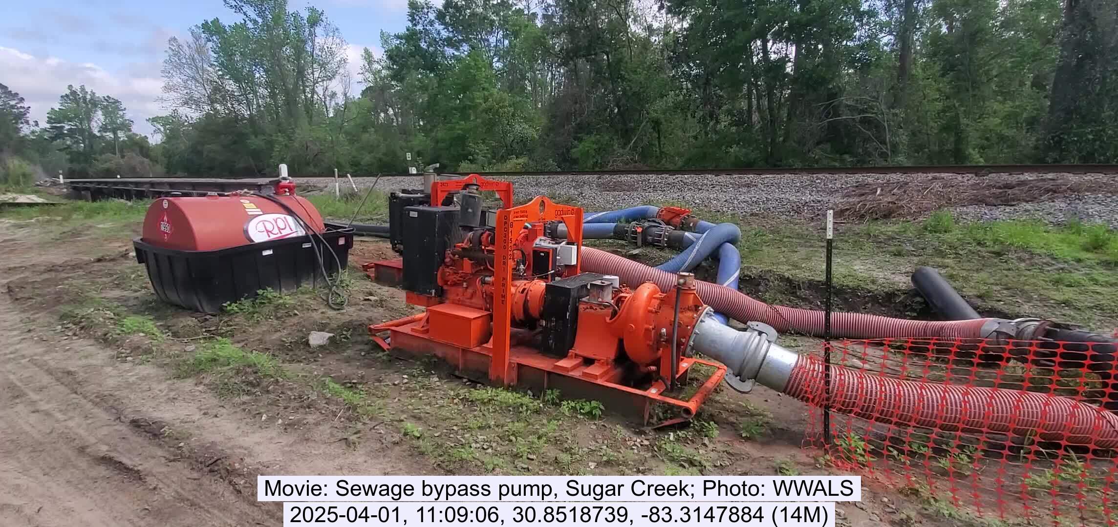 Sewage bypass pump, Sugar Creek, 2025-04-01, 11:09:06, 30.8518739, -83.3147884