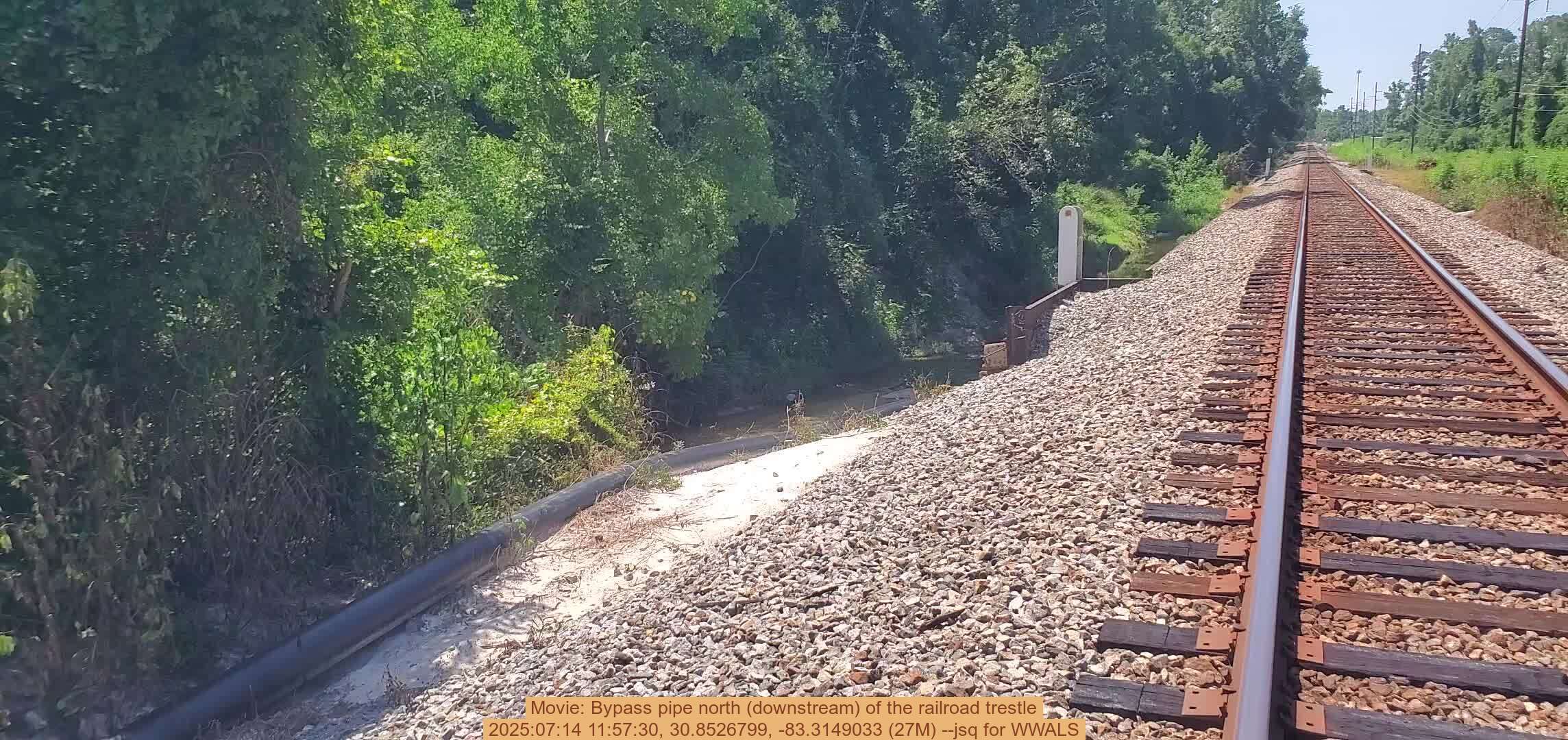 Movie: Bypass pipe north (downstream) of the railroad trestle, 2025:07:14 11:57:30, 30.8526799, -83.3149033 (27M) --jsq for WWALS