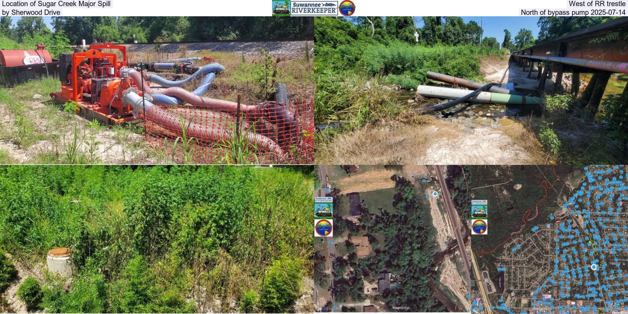 Location of Sugar Creek Major Spill, West of RR trestle, by Sherwood Drive, North of bypass pump 2025-07-14