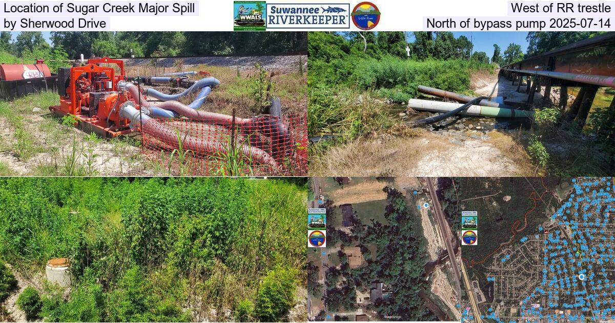 Location of Sugar Creek Major Spill, West of RR trestle, by Sherwood Drive, North of bypass pump 2025-07-14