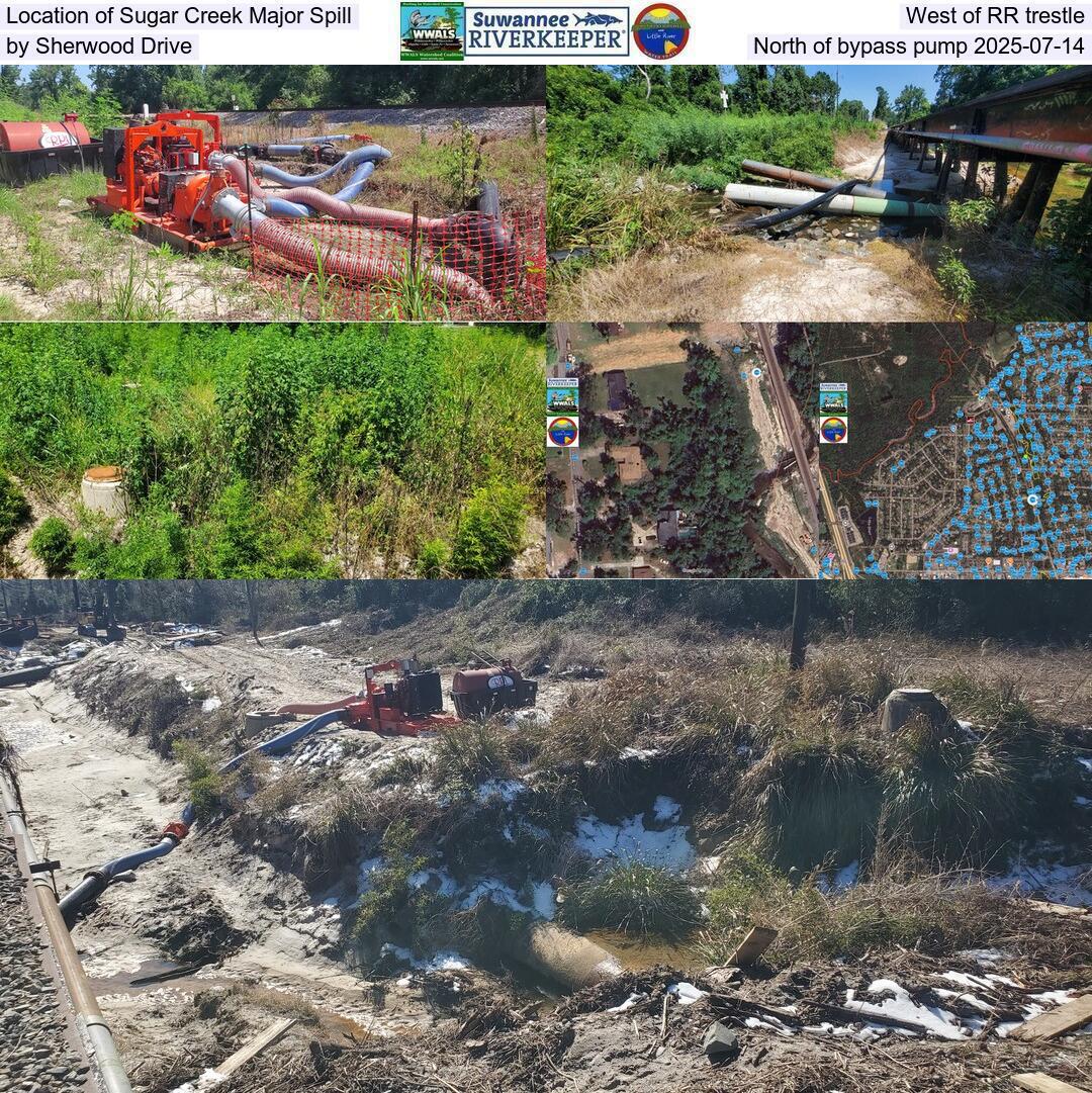 Location of Sugar Creek Major Spill, West of RR trestle, by Sherwood Drive, North of bypass pump 2025-07-14