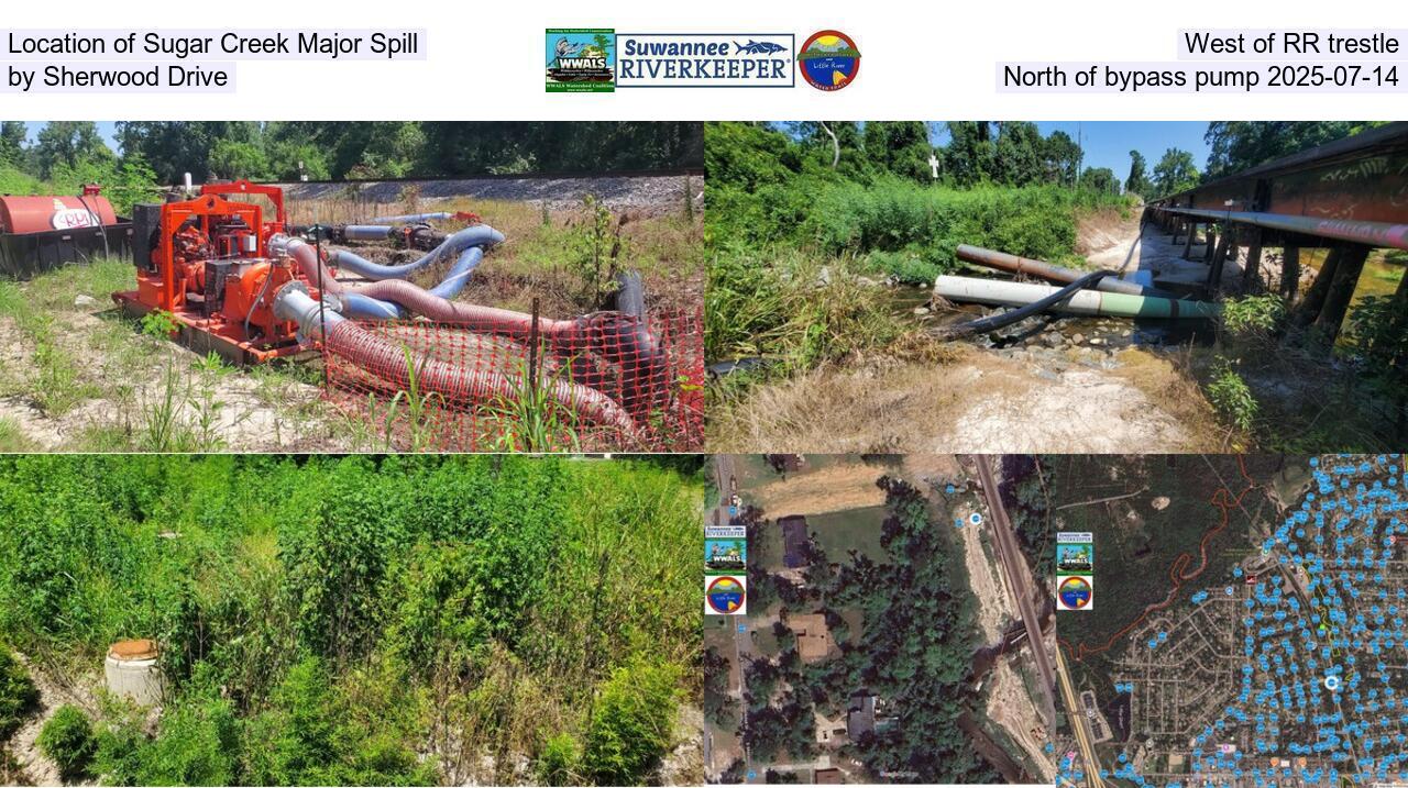 Location of Sugar Creek Major Spill, West of RR trestle, by Sherwood Drive, North of bypass pump 2025-07-14