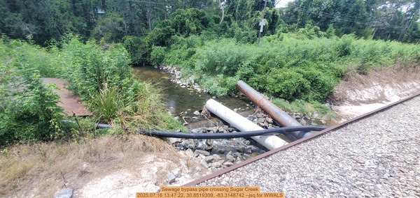 [Sewage bypass pipe crossing Sugar Creek, 2025:07:16 13:47:22, 30.8519309, -83.3148742 --jsq for WWALS]
