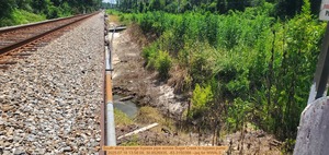 [South along sewage bypass pipe across Sugar Creek to bypass pump, 2025:07:16 13:58:09, 30.8526935, -83.3150386 --jsq for WWALS]